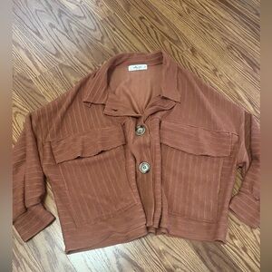 Waffle-Knit Button Front Blouse Jacket in Rust